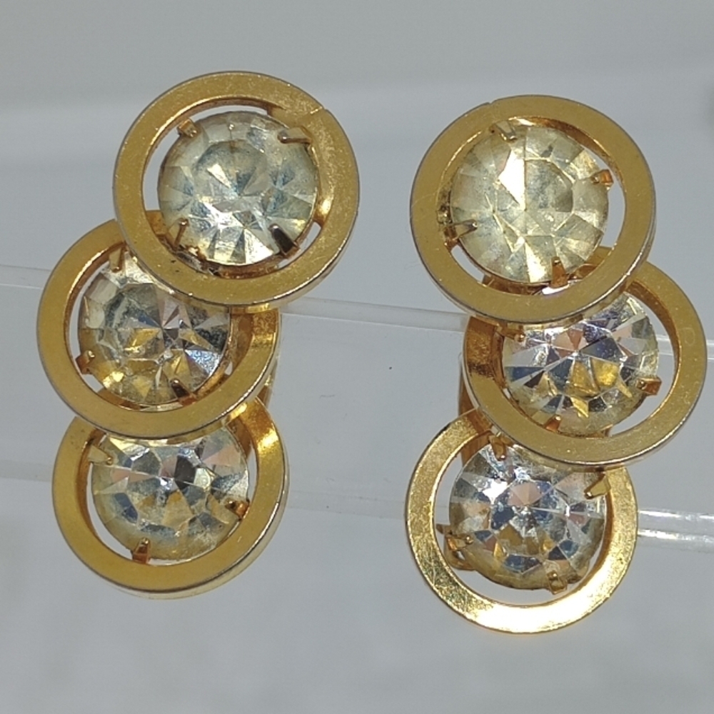Vintage Judy Lee Gold Tone Large Rhinestones Trio Clip On Earrings 18$
